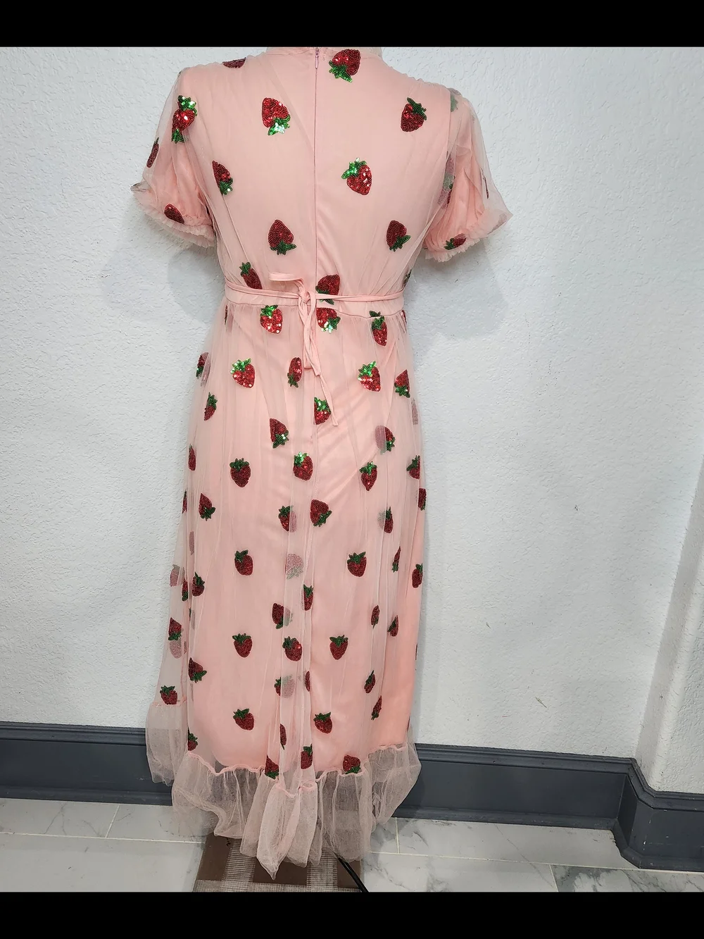 Sheer Pink Strawberry Embroidered Wrap Dress